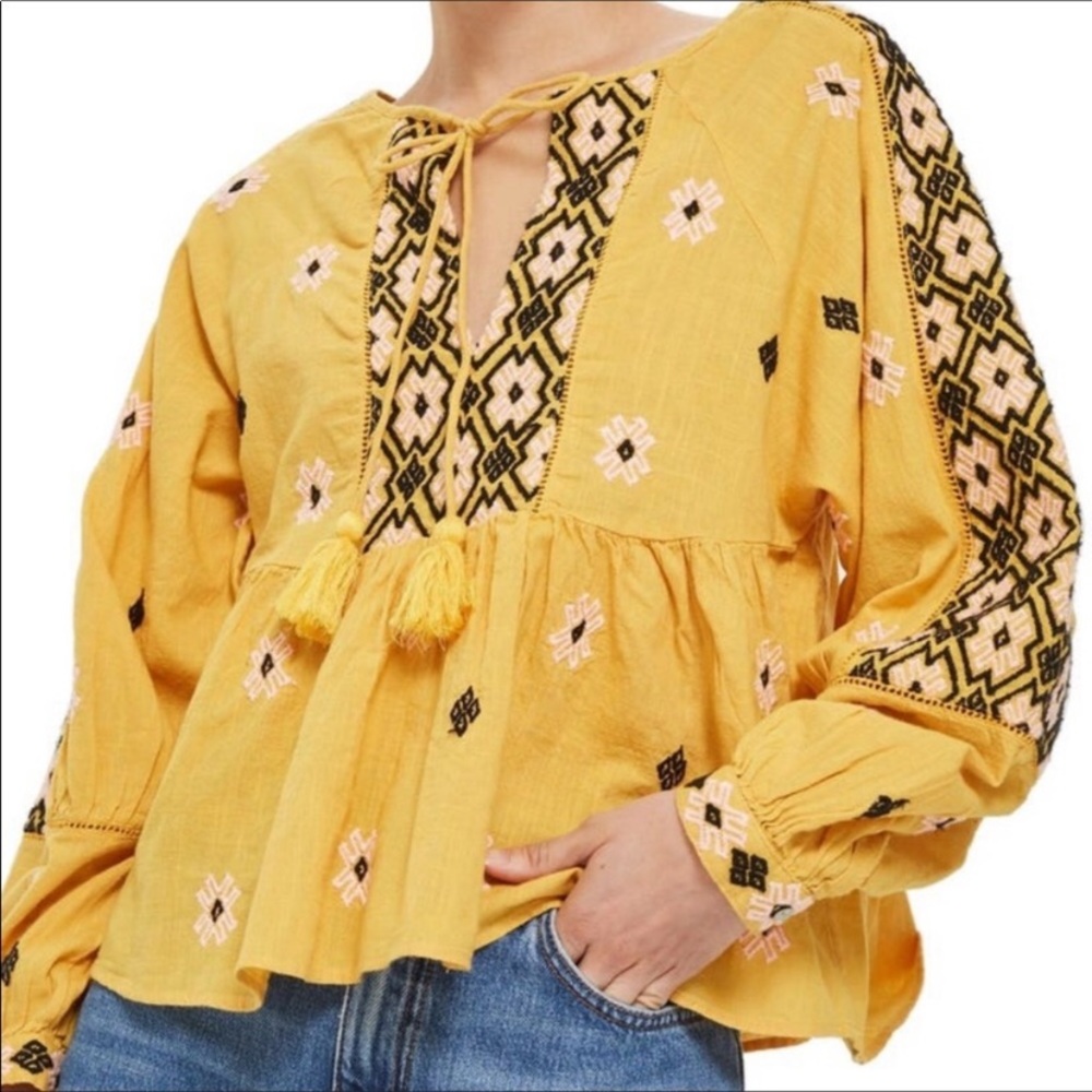 TopShop Yellow Embroidered Peasant Top